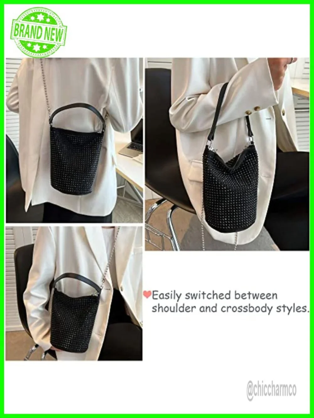 Rhinestone Rivets Bling Bucket Hobo Bag Chic Evening Purse Clutch Crossbody